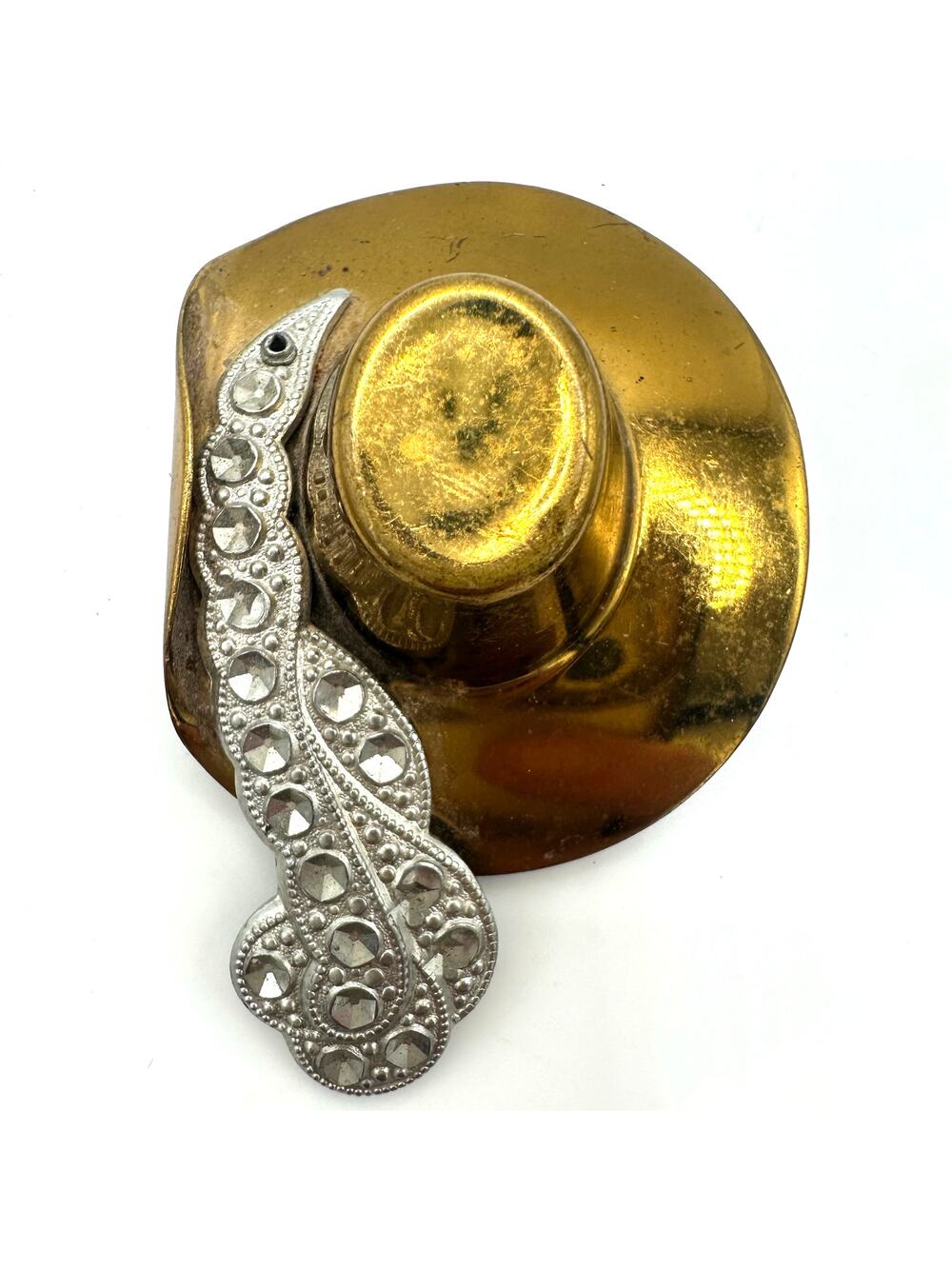 Vintage gold tone brass pot metal silver gold tone Spanish feather hat brooch
